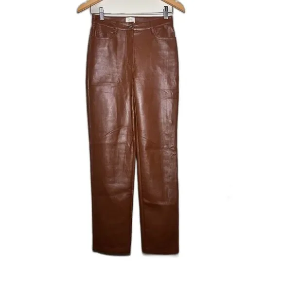 Aritzia Wilfred Faux Leather Melina Pants Vegan Cognac Brown Straight Leg Size 0 - Picture 2 of 6
